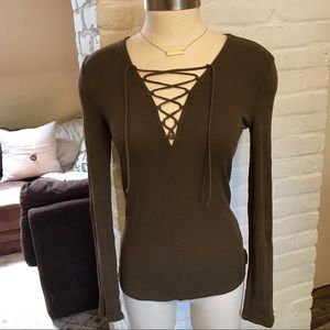 Express medium olive green lace up shirt